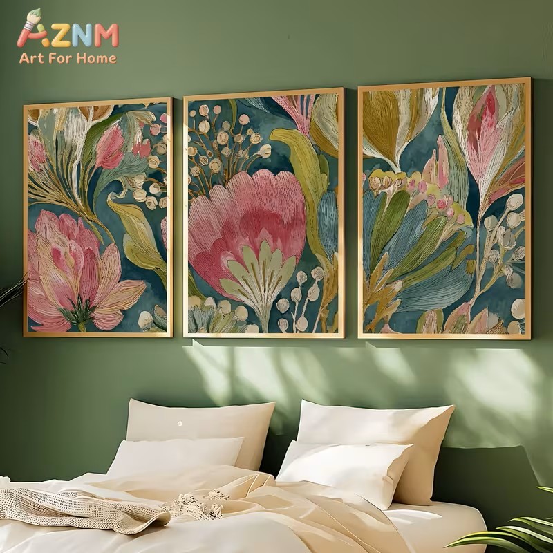 Watercolor Poster Print - 3PCS Teal Blue Pink Botanical Floral