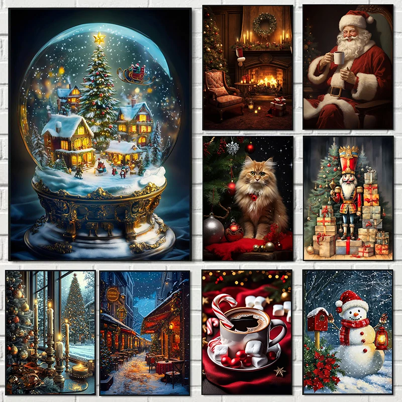 Watercolor Poster Print - Classic Traditional Christmas Christmas Tree Santa