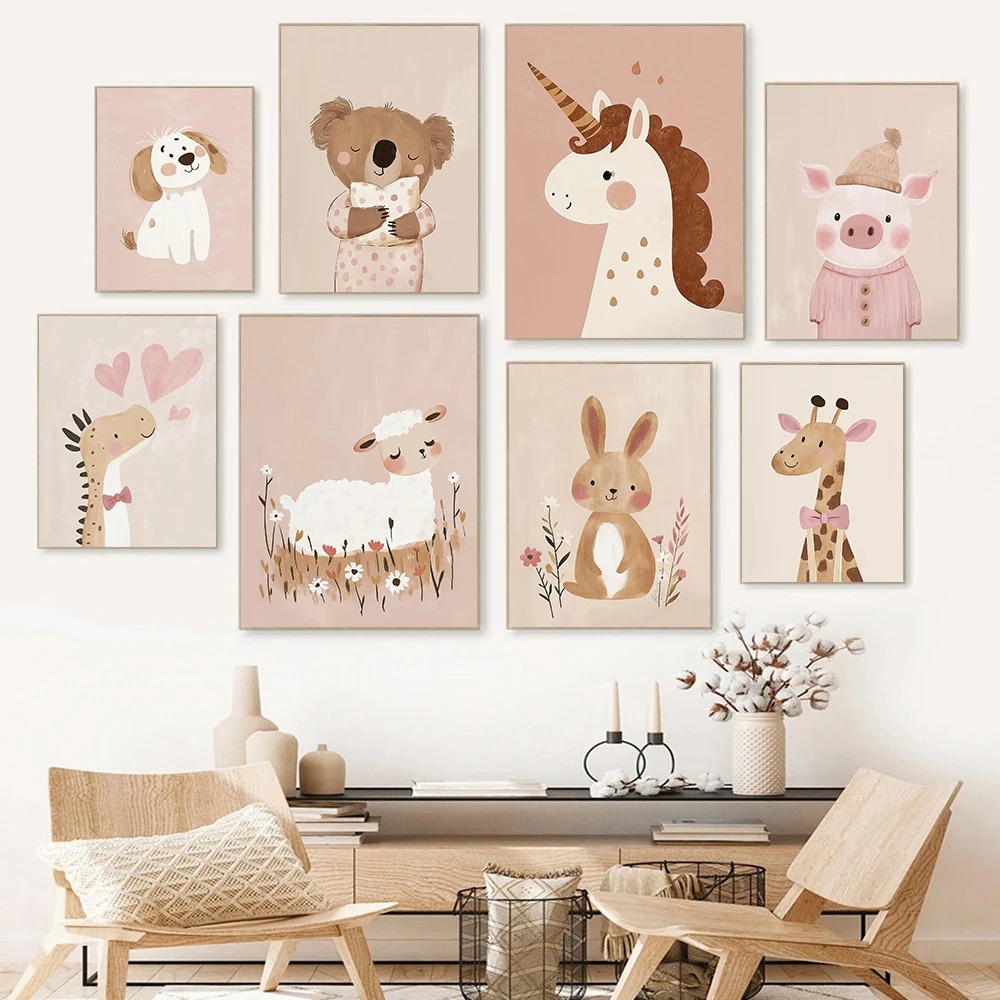 Nordic Pink Cute Cartoon Anima - Watercolor Poster Print ulasan dan harga