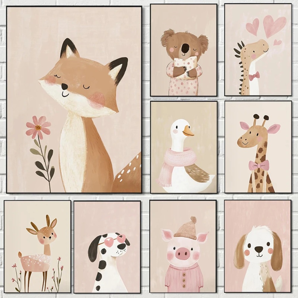 Nordic Pink Cute Cartoon Anima - Watercolor Poster Print ulasan dan harga