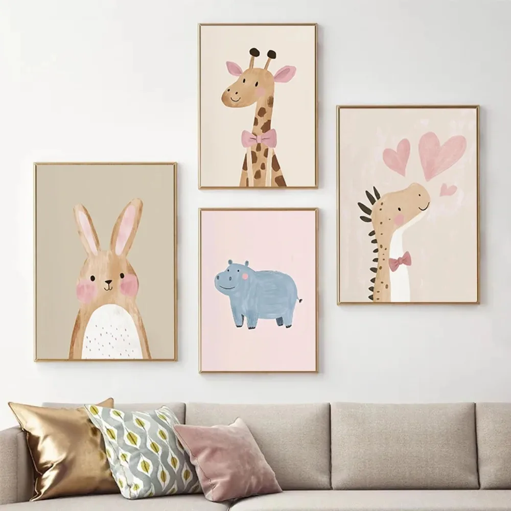 Nordic Pink Cute Cartoon Anima - Watercolor Poster Print ulasan dan harga