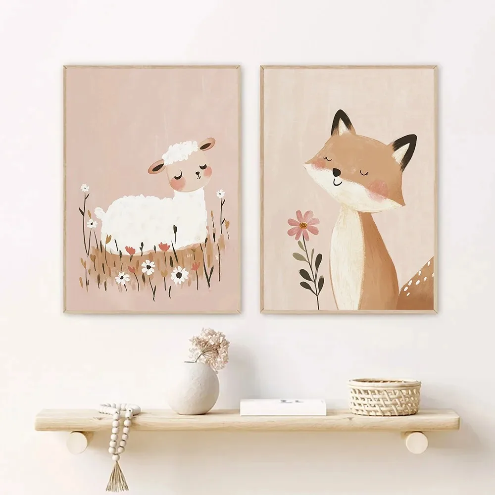 Nordic Pink Cute Cartoon Anima - Watercolor Poster Print ulasan dan harga