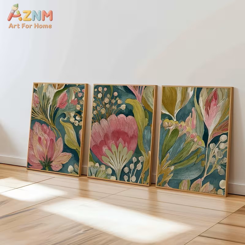 3PCS Teal Blue Pink Botanical  - Watercolor Poster Print ulasan dan harga