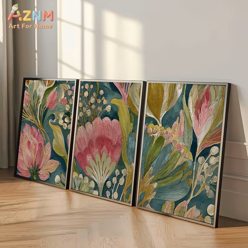 3PCS Teal Blue Pink Botanical  - Watercolor Poster Print ulasan dan harga